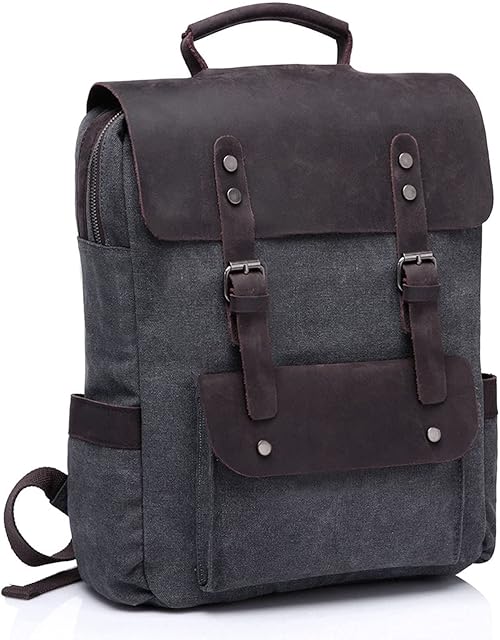 VASCHY Backpack for Men, Women Vintage Genuine Leather Canvas Rucksack for Work Travel School Fits 15.6 Inches Laptop Campus Book Bag Outdoor Recreation