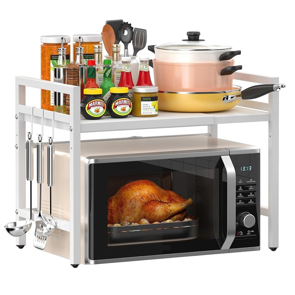 Rainbow Tree 2-Tier Expandable Microwave Oven Rack Countertop for Kitchen, Microwave Shelf Stand Metal with 6 Hooks, Baker Rack, Adjustable Kitchen Shelf Organizer White(White, 2-Tier)