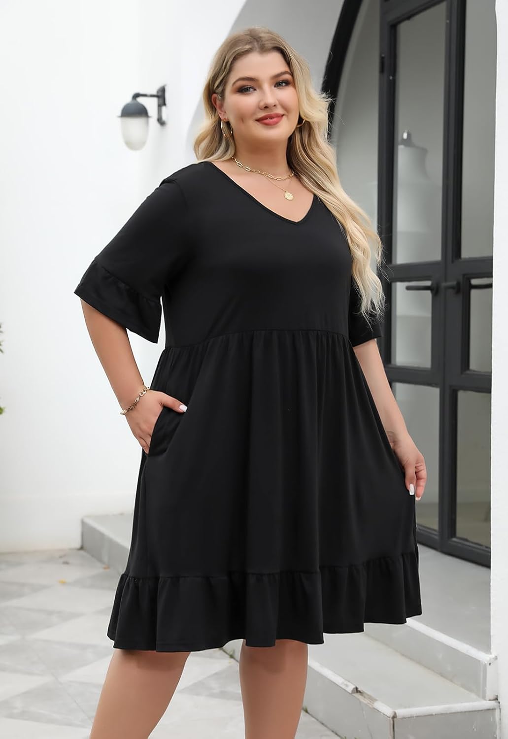 Celkuser Plus Size Summer Midi Casual Ruffle Short Sleeve Dress Lightweight Flowy Babydoll Beach Dress for Women with Pocket - Image 3