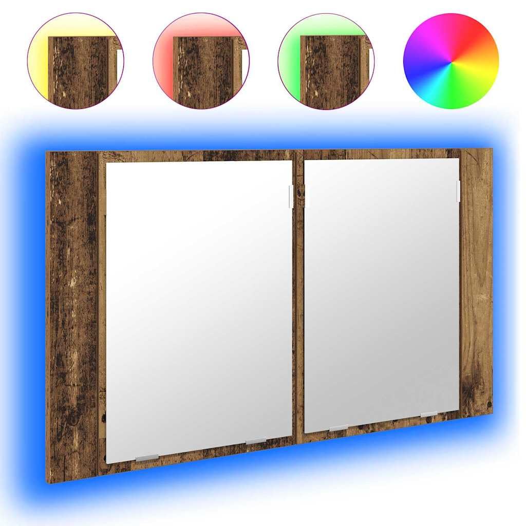 Szafka łazienkowa z lustrem LED, stare drewno z płaskim lustrem, 80 x 12 x 45 cm, montaż ścienny, materiał drewnopochodny z 2 drzwiami i 2 półkami, miejsce do przechowywania i porządek
