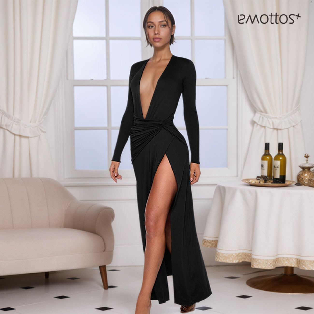 Abito Lungo da Donna con Scollo a V Profondo, Abiti Eleganti Lunghi e Sexy con Maniche Lunghe e Spacco Alto, Abito da Sera Aderente con Vita Arricciata per Serate, Nero, Taglie S-L