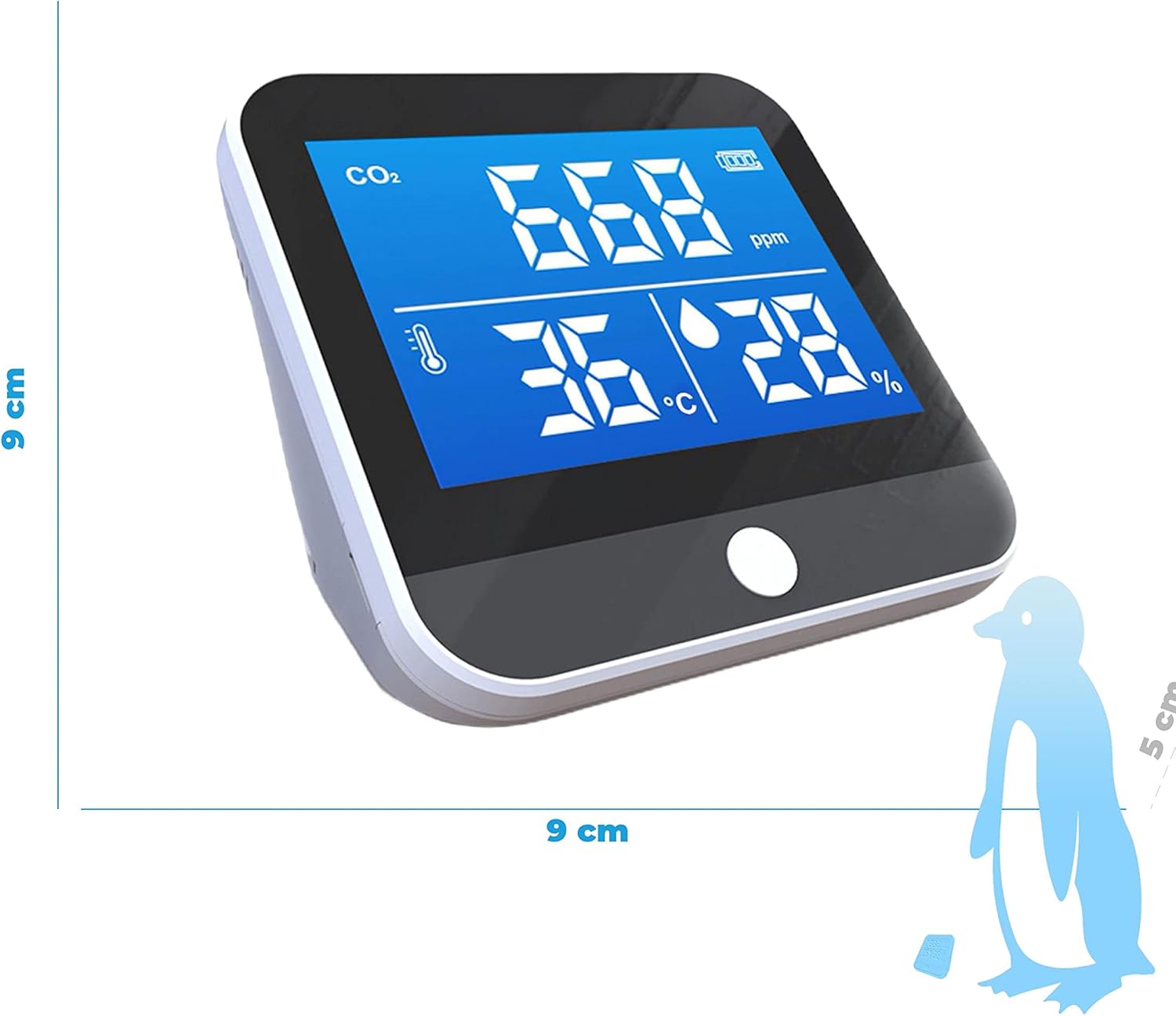 PUR LINE Airtester Co2 with dimensions indicated: 9 cm length, 5 cm depth, 9 cm height.