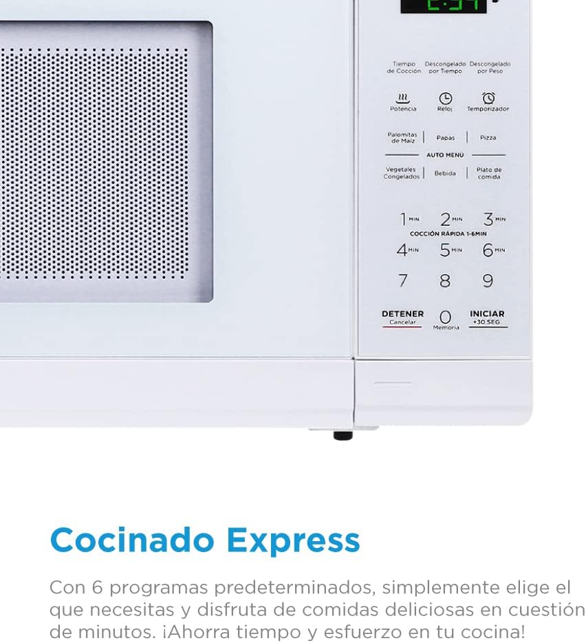 Close-up of Midea microwave control panel with buttons for time cook, defrost, power, and auto menus