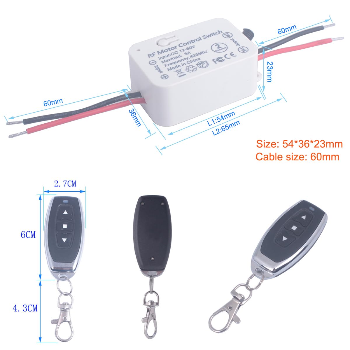 Interruptor de control remoto de motor de DC 12V 24V 36 48V interruptores de relé inalámbricos de 12V-80V 5 A controlador de receptor con transmisores, motor de avance, retroceso (2* Controlador)