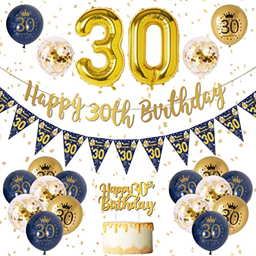 VICTERR 30th Birthday Decorations for Men - Blue and Gold Banner Balloons Navy and Gold Latex Confetti Party Supplies