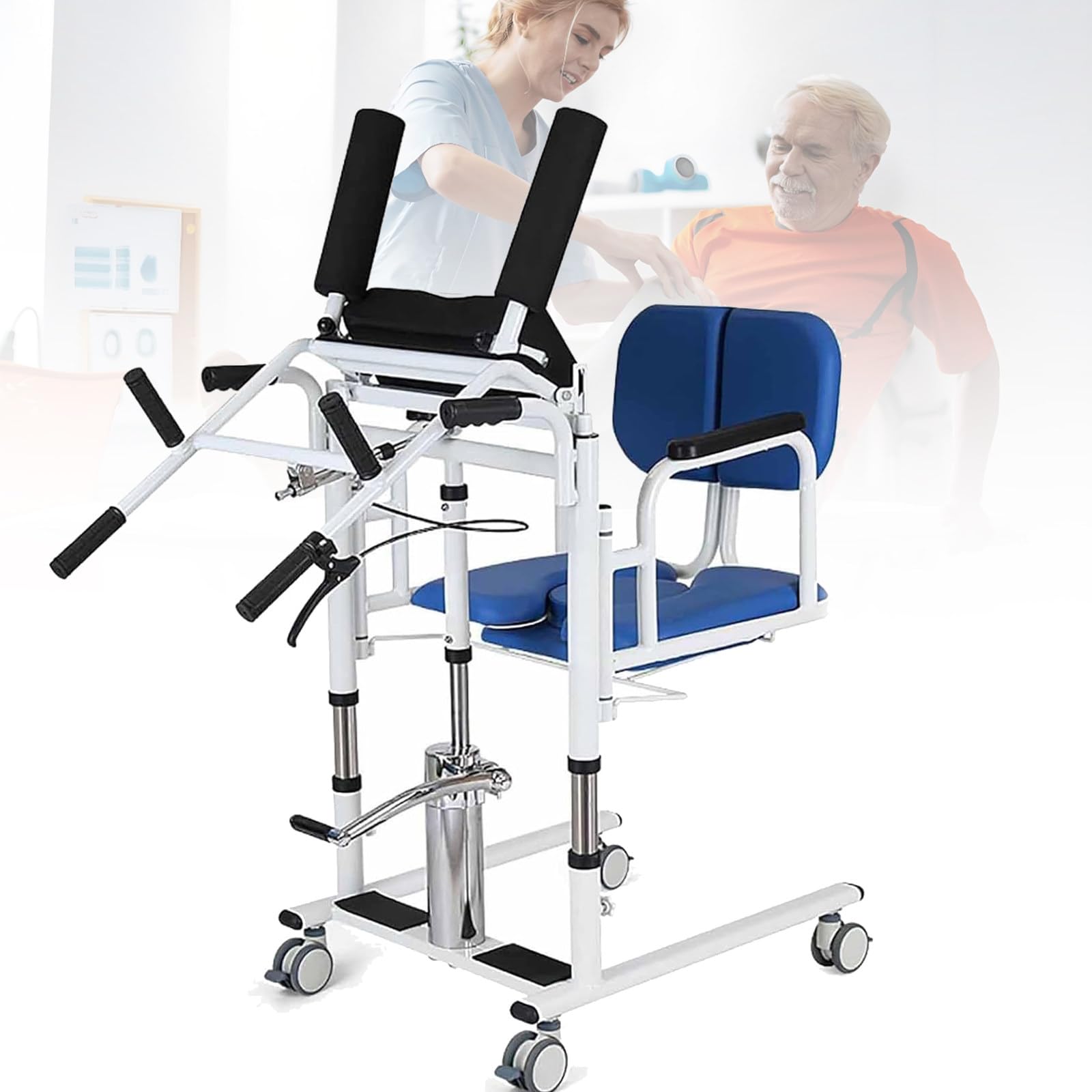 Silla De Transferencia Para Pacientes, Elevador De Pie Y Sentado, 4 En 1, Portátil, Con Ruedas, Para Adultos Y Personas Con Discapacidad En Casa, Fácil De Usar, Capacidad De Peso De 400 Lb Blue