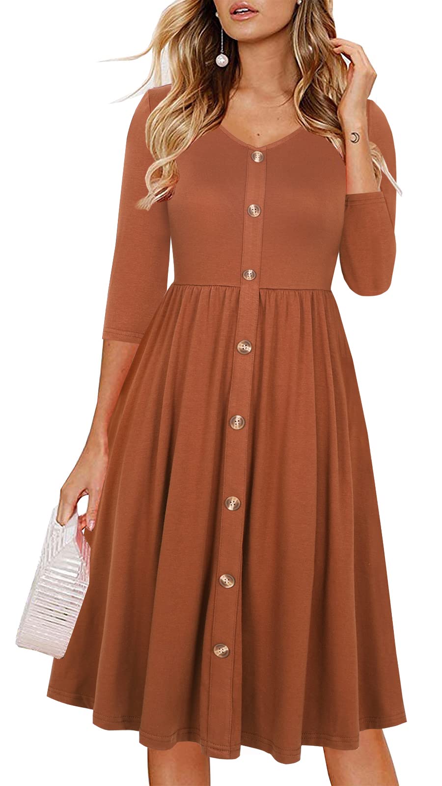 Lamilus Women's Casual Fall 3/4 Sleeve V-Neck Button Down A-Line Swing Party Dress