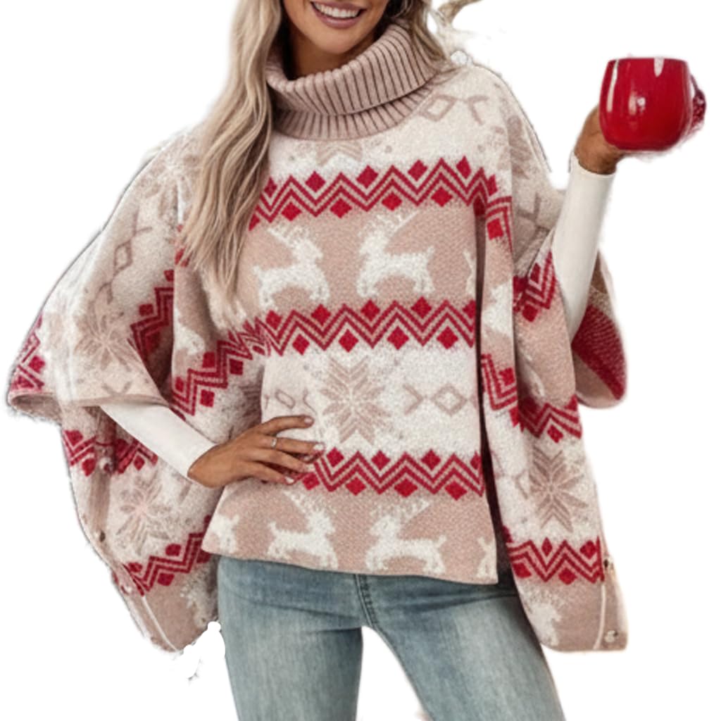 Womens Turtleneck Christmas Sweaters Snowflake Elk Pattern Batwing Long Sleeve Loose Knit Poncho Sweater