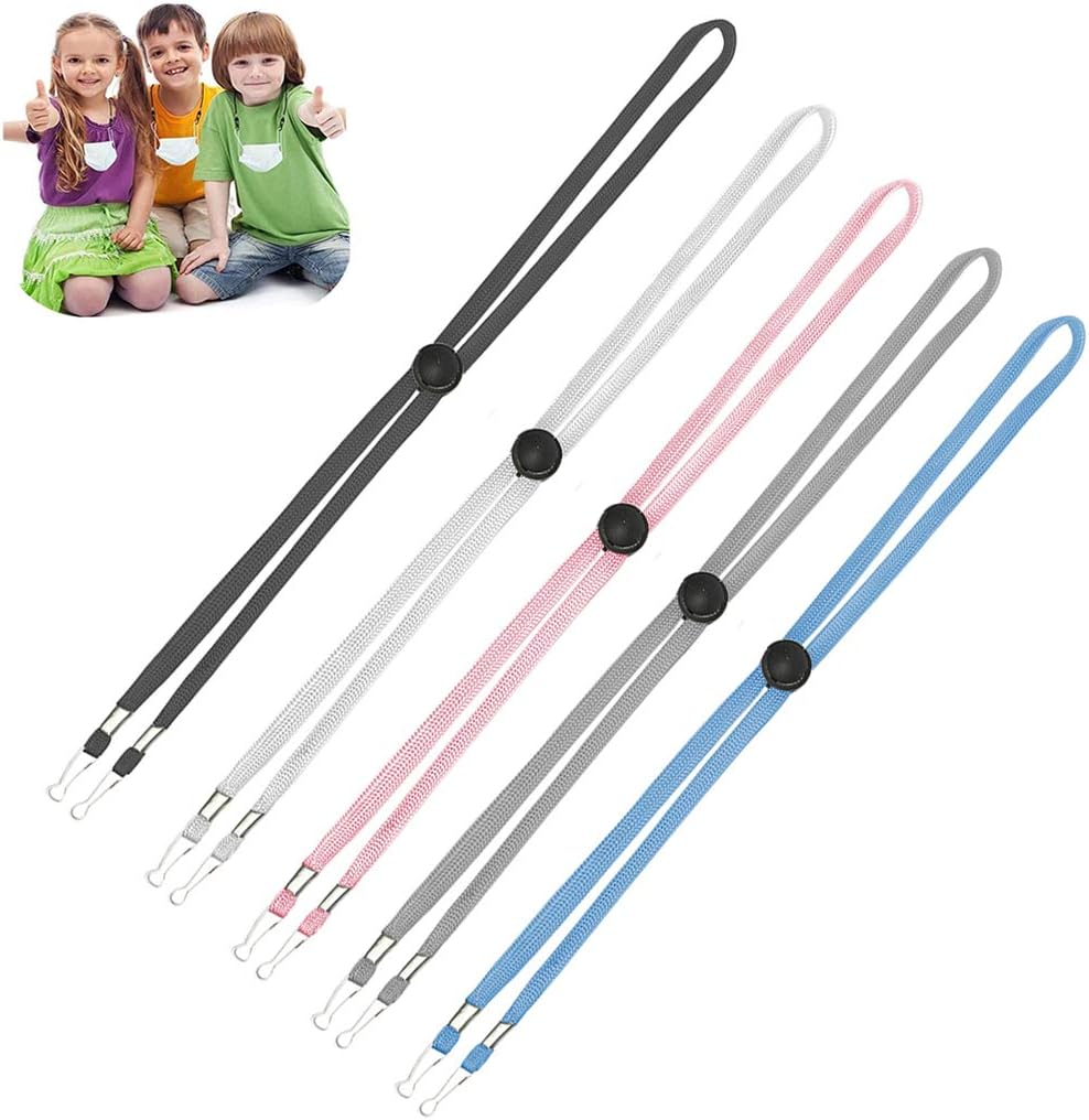 5 Pack - Adjustable Length Face mask Lanyard for Kids - Handy Convenient Safety Holder & Hanger child - Comfortable Around The Neck Face Rest - Easy On Off(Multi Color)
