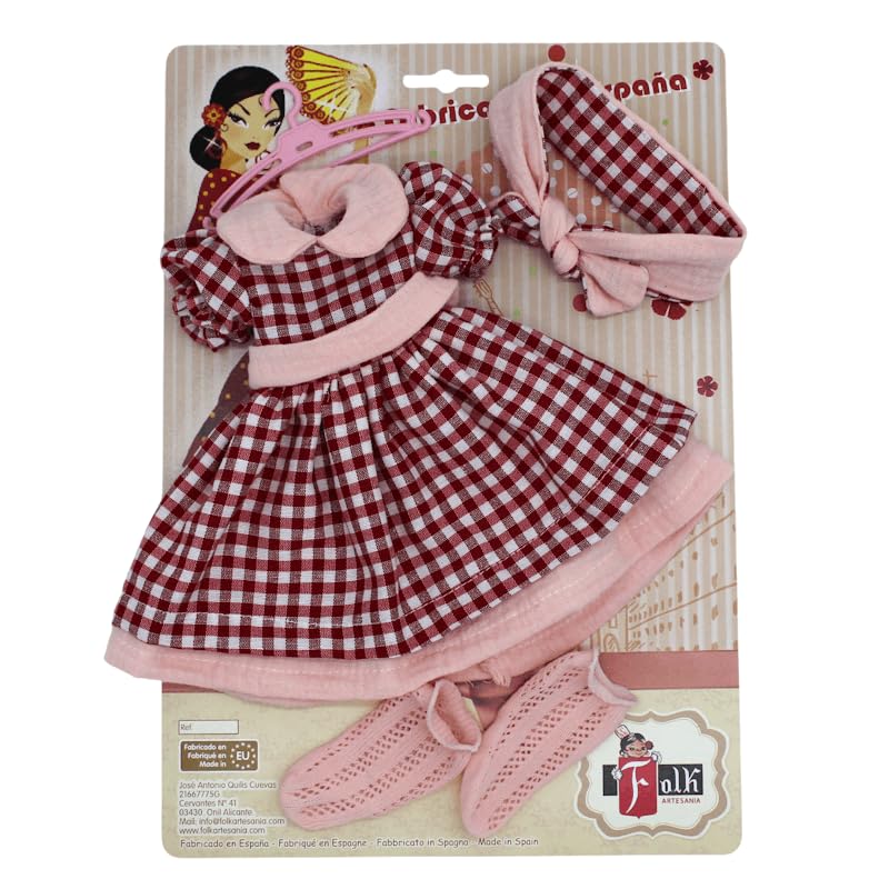 Set Ropa muñeca Folk Artesanía Vestido Cuadros y Calcetines para muñecas colección Sintra, Simona, Mari's, Pepa's o Naia 41 cm.