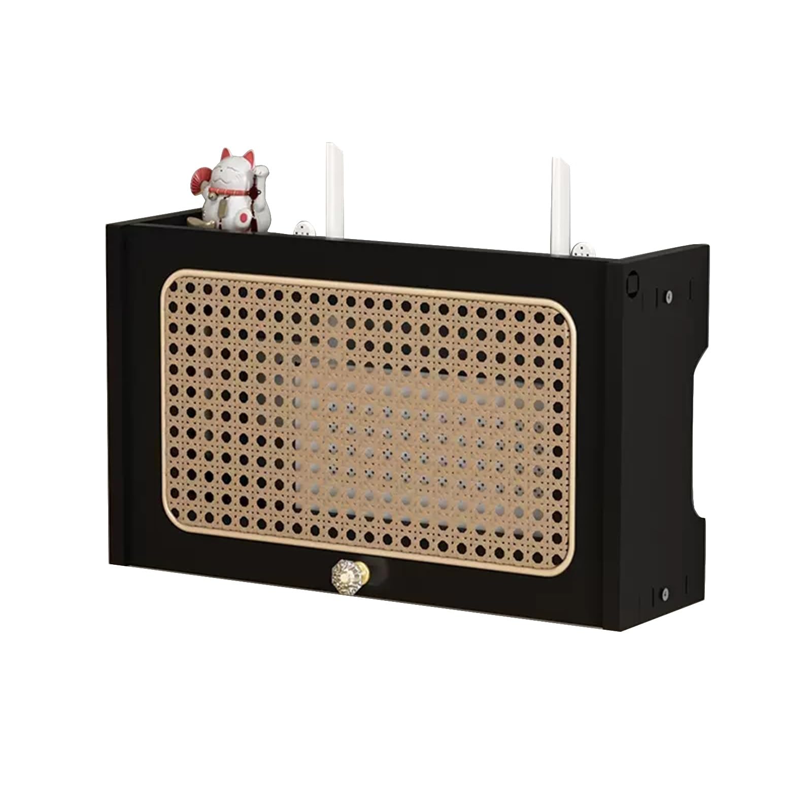 Étagère en bois massif pour routeur WiFi – Support mural avec porte en rotin, nizer de câble pour bureau et maison, 40 cm, couleur noire, motif Ele