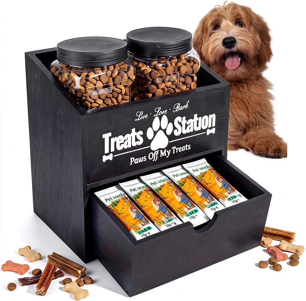 Dog Treat Container with Drawers,Wooden Dog Food Storage Container with 2 Plastic Dog Treat Jars,Pet Food Storage Containers for for Dog and Cat, Wood Cat Treat Container, Black