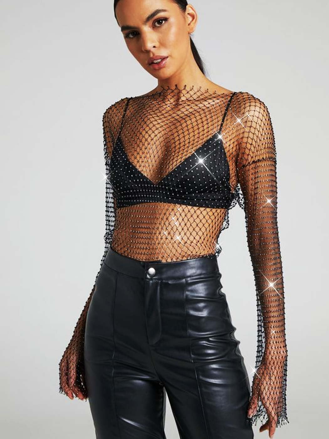 Asooll Rhinestone Mesh Tops Black See Through Sparkly Fishnet Crop Top for Women - Image 2