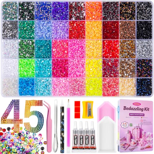 Bedazzling Kit 42000Pcs 45 Colors Resin Jelly Rhinestones Multicolor 3mm Flatback Gems for Diamond Art Bedazzler Kit with 4Pcs 10ml B7000 Jewelry Glue & Tools for DIY Nail Art Crafting Makeup Adults