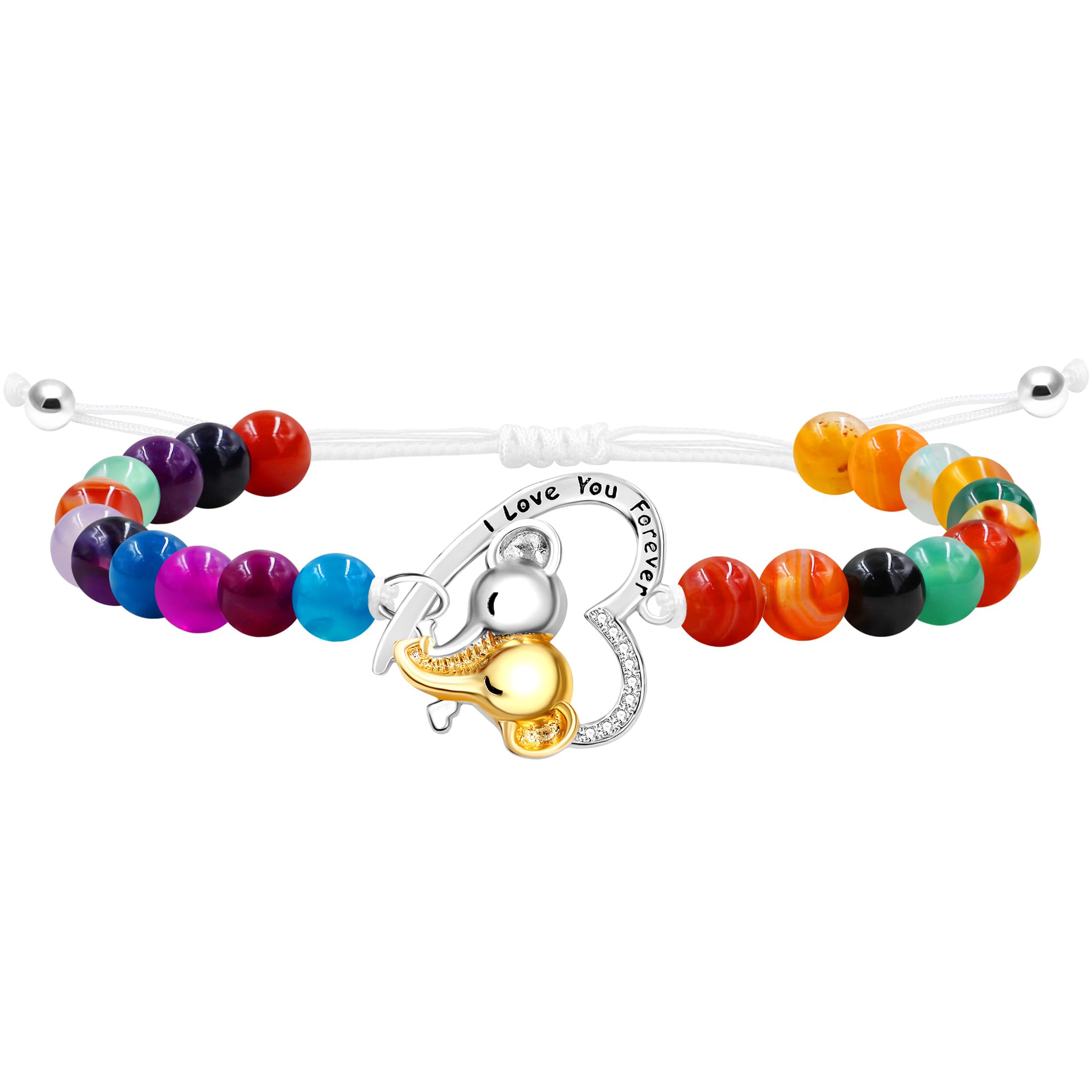 Double Elephant Heart Charm Natural Crystal Bracelet, Treatment Stone Bracelet Calm Stretch Bracelet Women's Stress Relief Gift for Moms I Love You Couple Jewelry