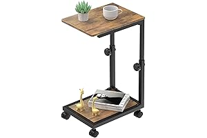 Rolling C Shaped Bedside Table, Adjustable Sofa Side Table with Wheels