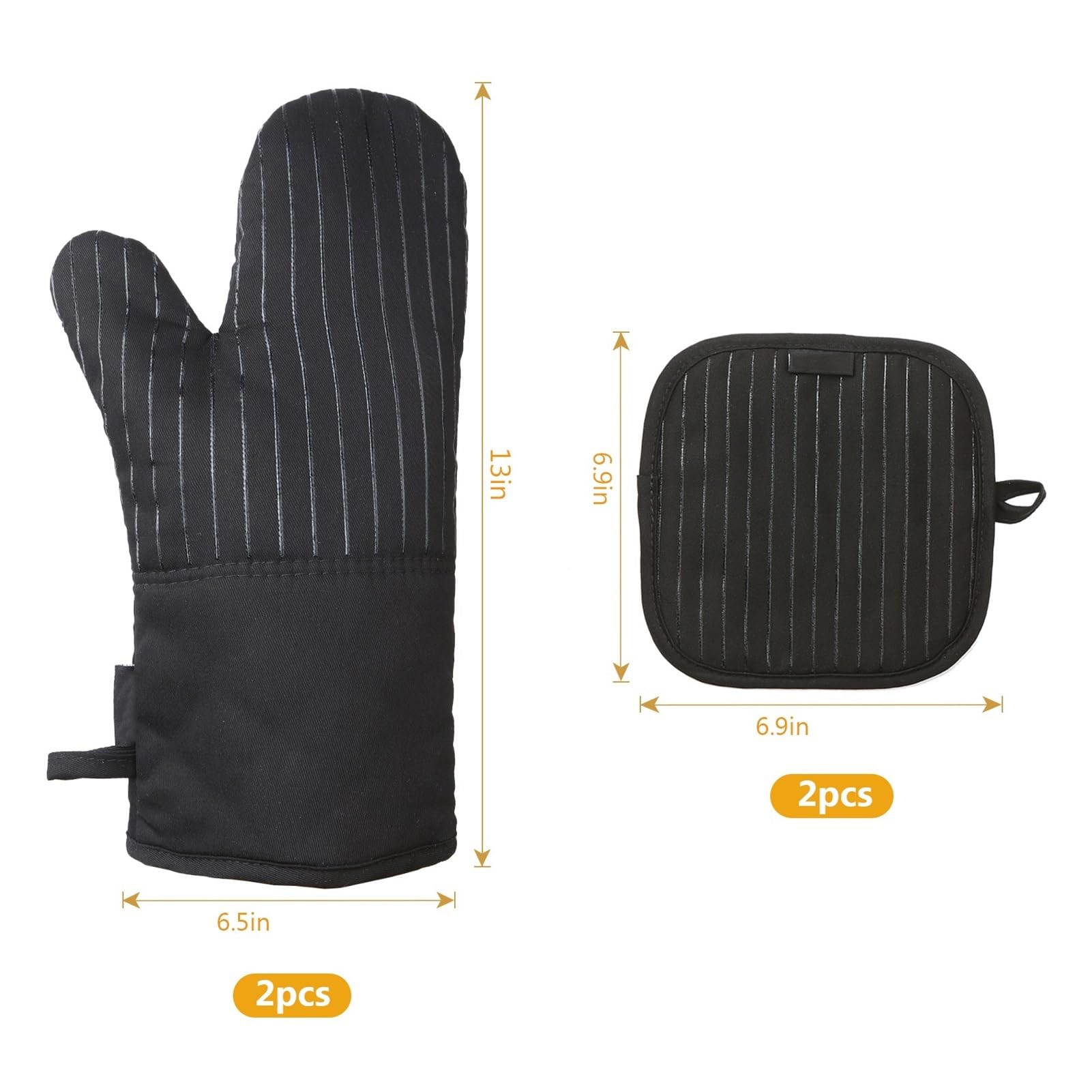 Ofenhandschuh-Set, 1 Paar Handschuhe und 2 Topflappen, Baumwolle Silikon | Hitzebeständige, rutschfeste Handschuhe und Topflappen für Küche, BBQ, Backen