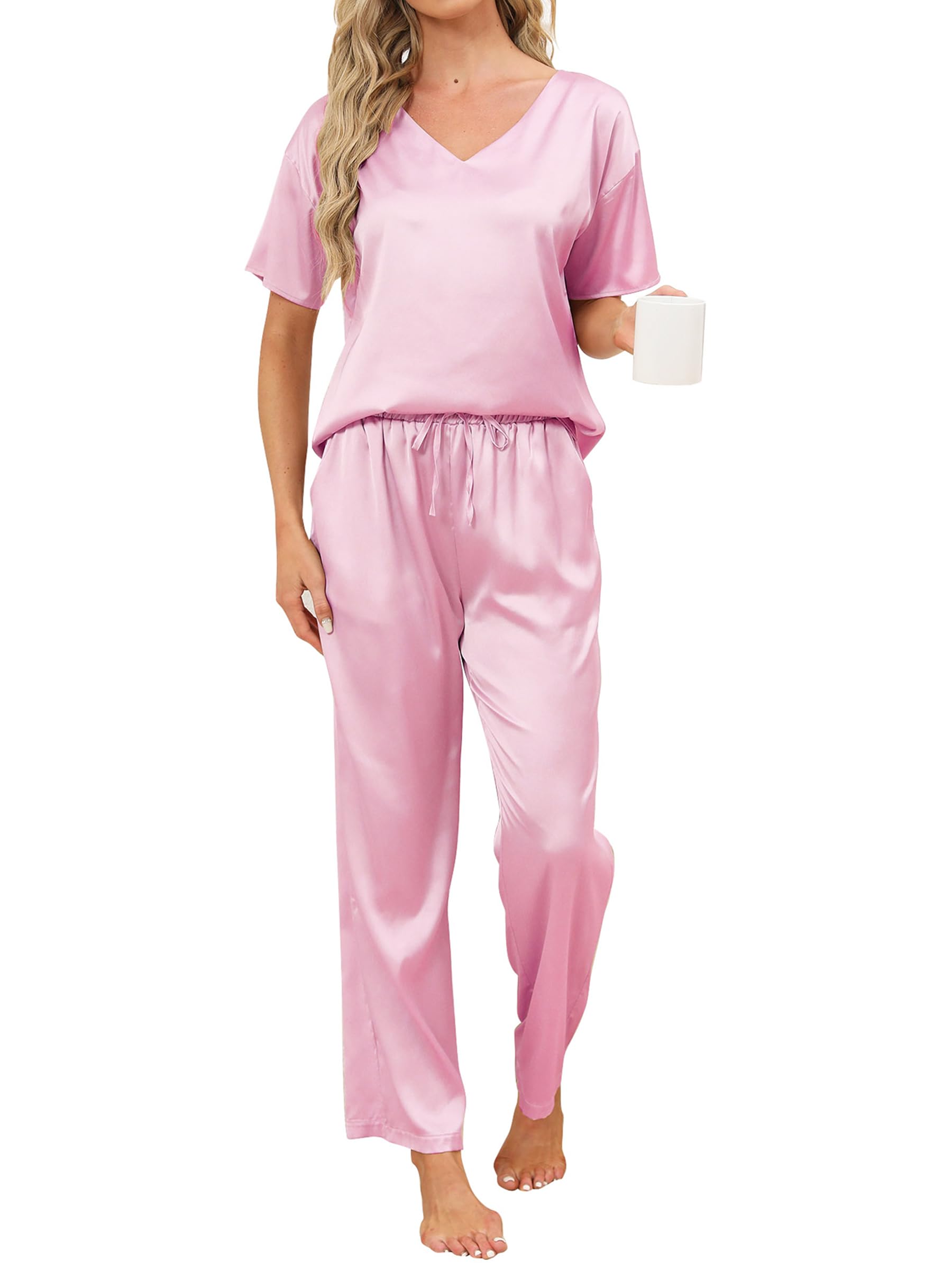 Reliwel Pijamas de Mujer Satén Manga Cortos y Pantalones Verano 2 Piezas Conjunto Suaves Pijamas de Seda Otoño Invierno Ropa de Dormir Dos Piezas Loungewear S-XXL