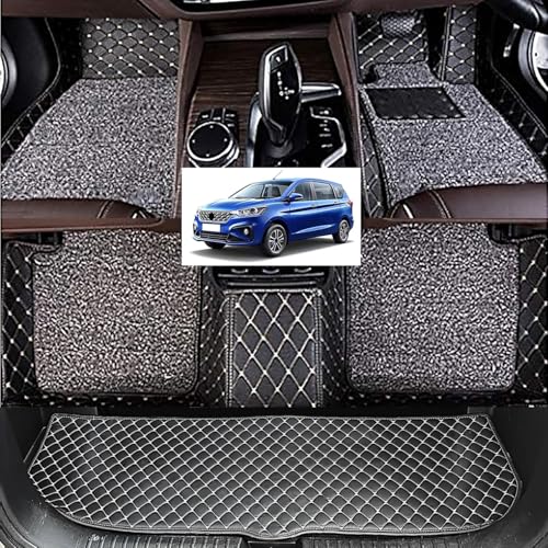 Image of Vahan Expo Premium 7D Car Mat Full Set for Ertiga (2024-25) with Boot Mat || Luxury Double-Stich 7D Car Floor Mat for Car Complete Set || 100% Waterproof and Washable || Black