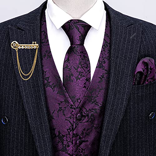 Yohowa Men's Silk Waistcoat Set Paisley Flower V-Neck 5Pc Tie Pocket Square Regular Fit Formal Business Leisure Suit Vest #TOP1