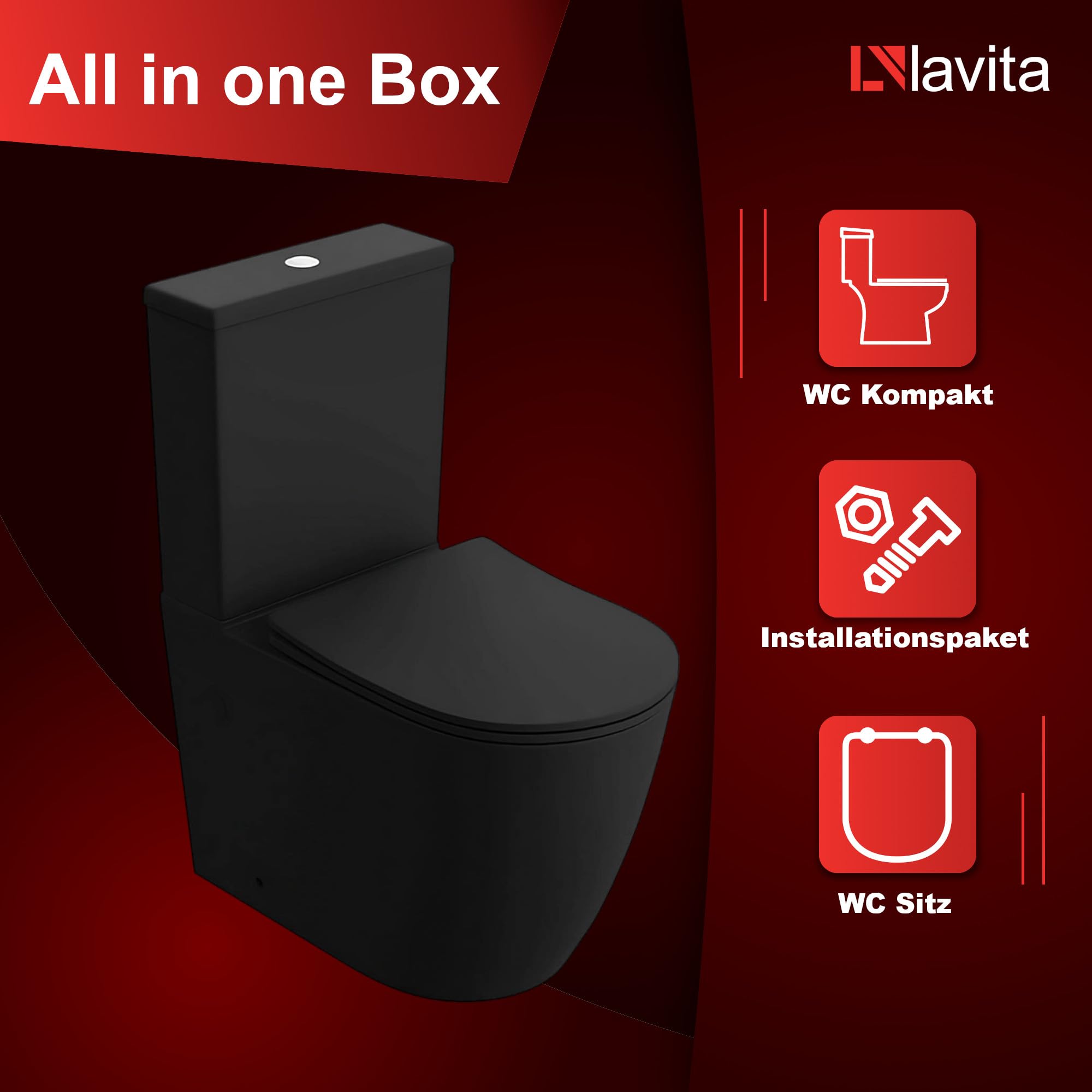 LAVITA Eendelig staand toilet met ingebouwde spoelkast NAUTILIUS BLACK WC-deksel met softclose Keramisch toilet Randloos toiletpot Toiletpot Staand + WC-aansluitstuk