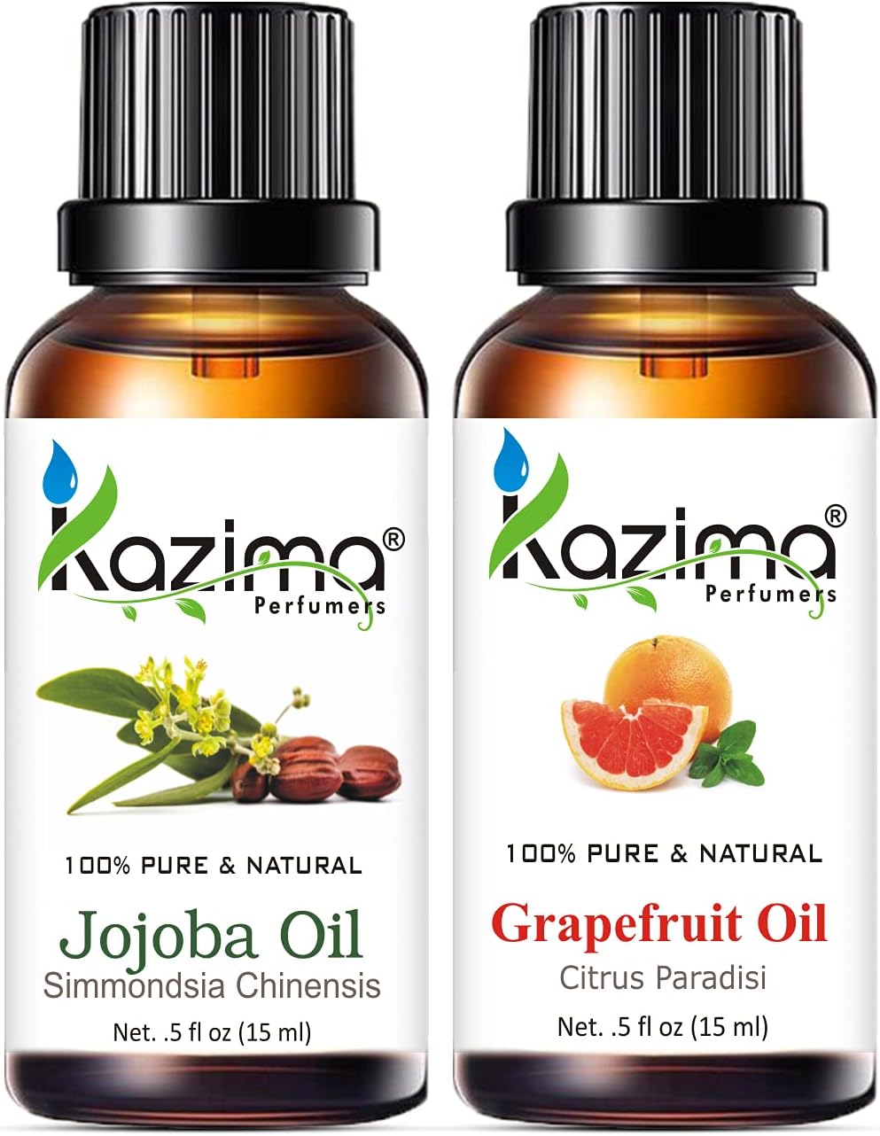 KAZIMA Combo of Jojoba Carrier Oil and Grapefruit Essential Oil - 100% Pure & Natural Oil for Acne, Wrinkles, Skin Moisturizing & Glowing, 15 ml each