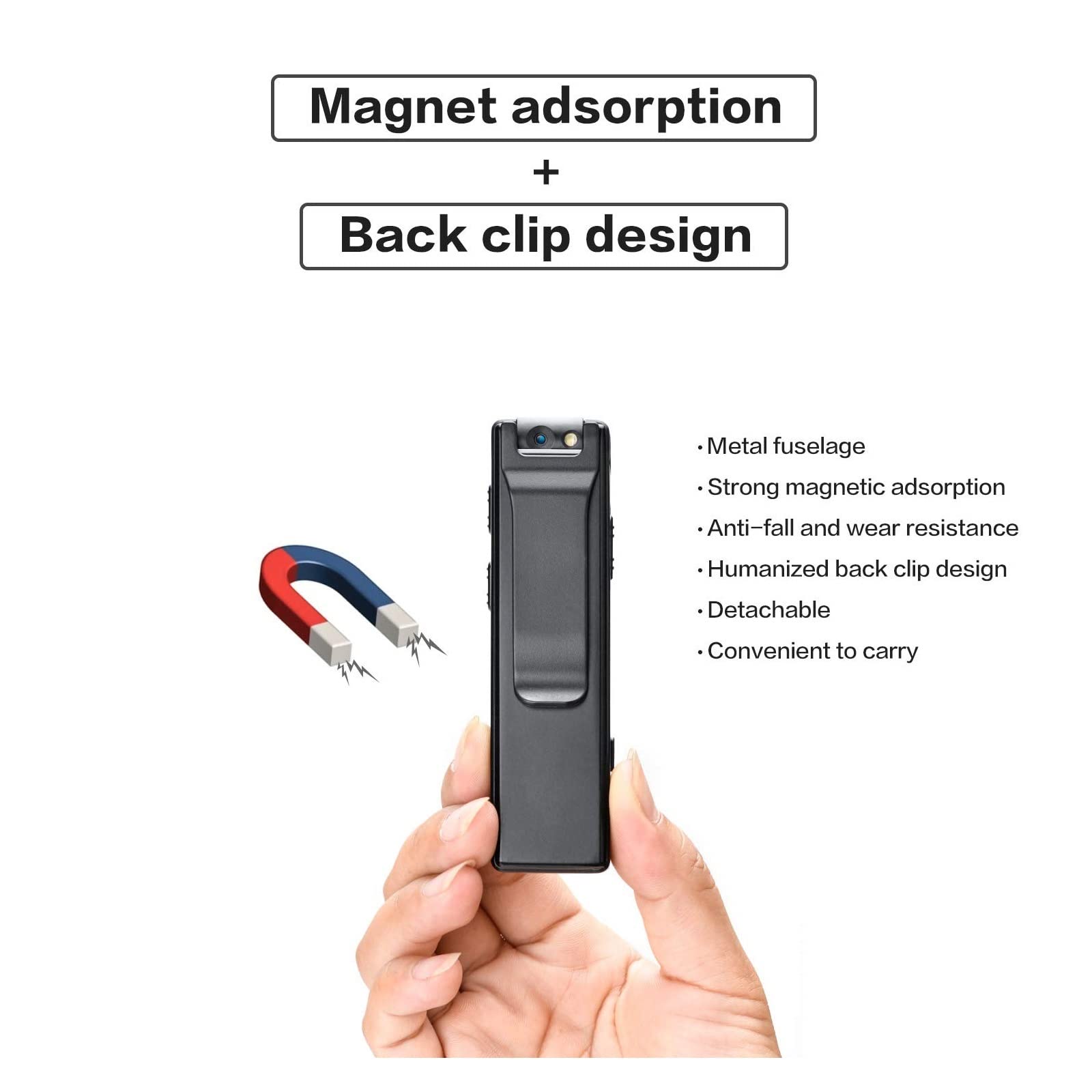 Action Cam, Mini videocamera Digitale Magnetica Torcia HD Micro Body Cam Webcam Motion Detection Snapshot Registrazione in Loop Videocamere,All'aperto, Sport, Video(Without TF Card)