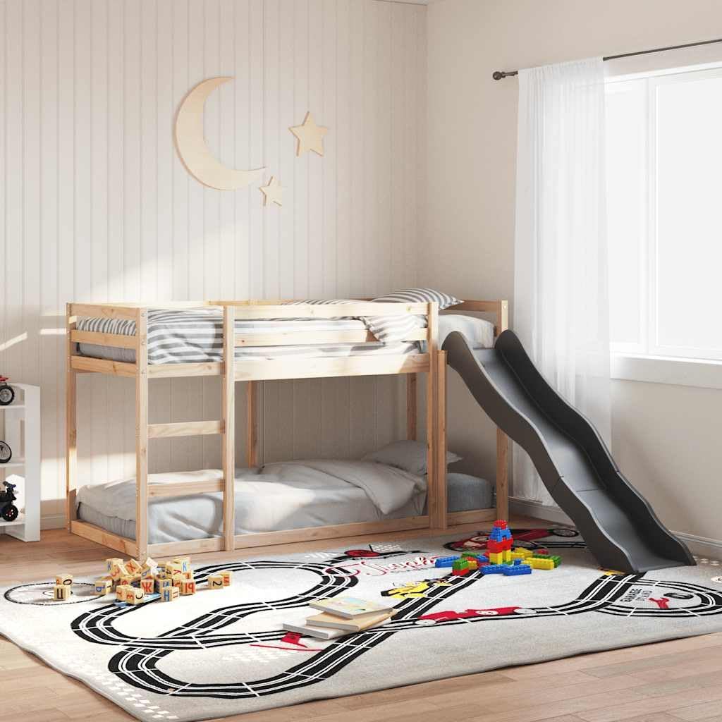 Kids Wooden Bunk Bed with Slide & Ladder 90x200 cm, Pine Loft Frame 205.5 x 97.5 x 113 cm, Brown Mid Sleeper with Guardrails for Small Childrens Room