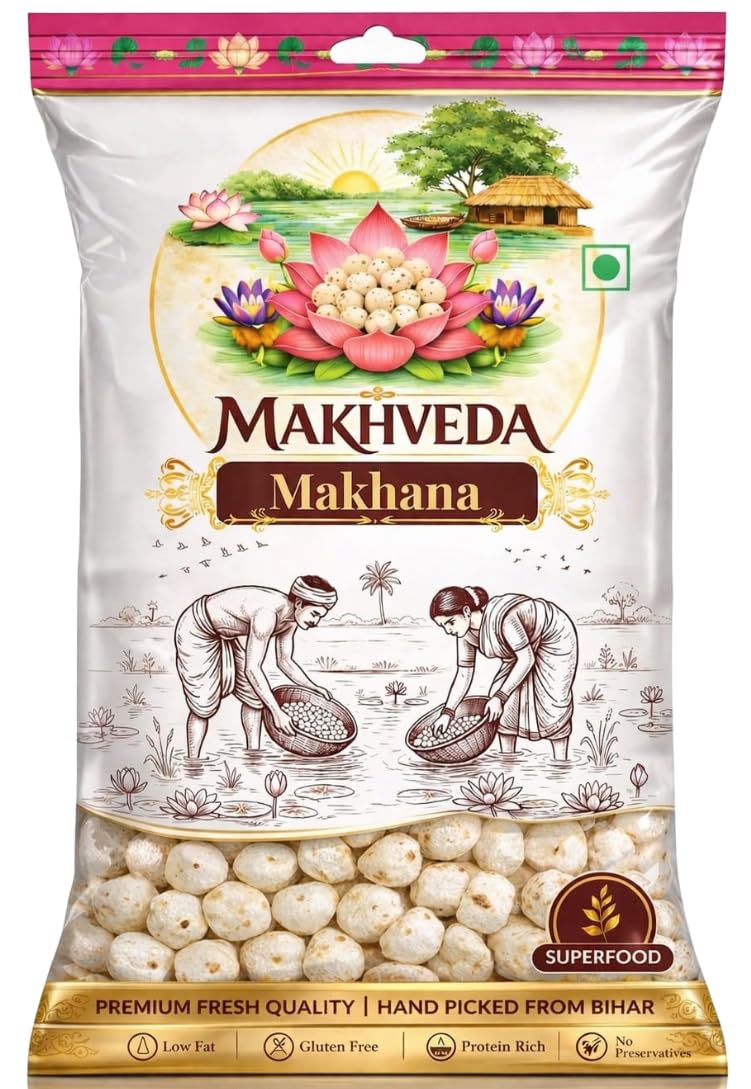 Makhveda Mithila Makhana Premium 6+ Suta Hand Picked Phool Makhana Healthy Fasting Snack Fox Nuts Lotus Puffs Desi Superfood Chatori Pack 250g | Fox Nuts, Lotus Puffs, Healthy Fasting Snack, Desi Superfood, Chatori Pack