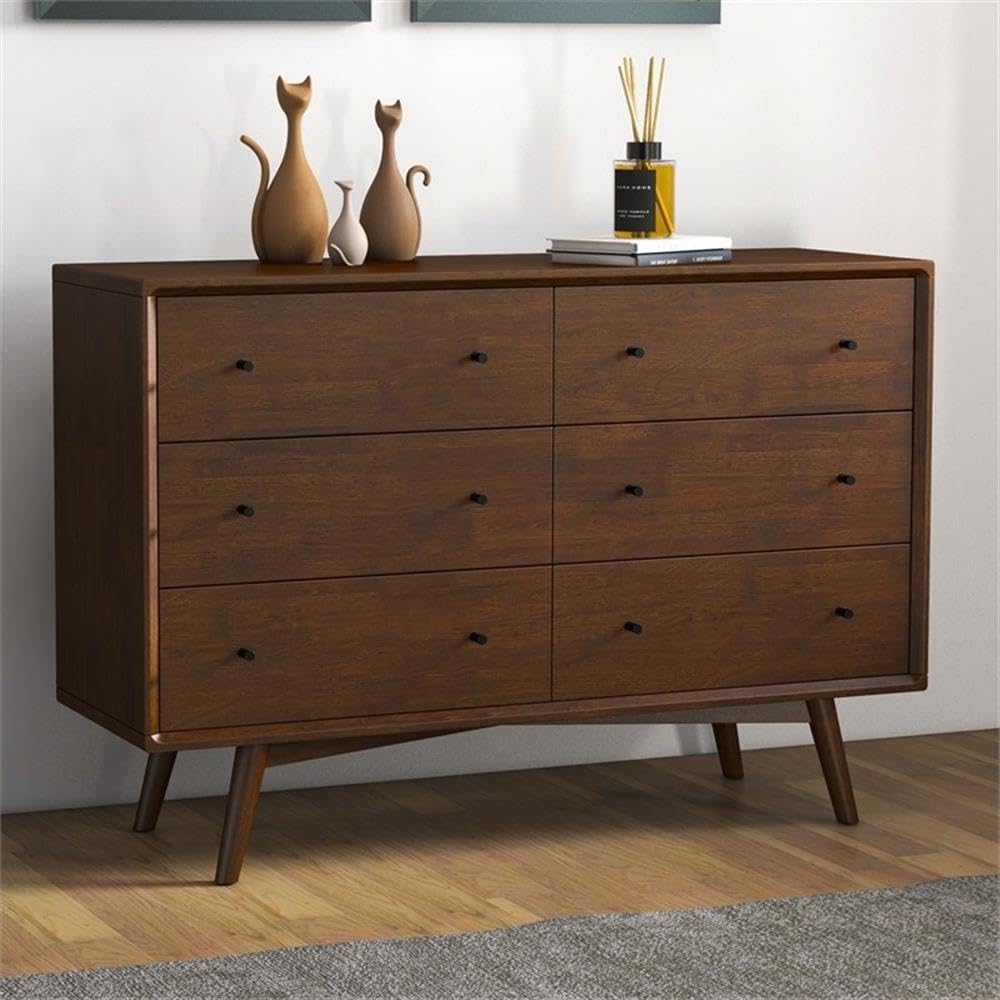 Pemberly Row Mid-Century Modern Double Dresser, Solid Walnut Wood Frame, Brown Finish, 6 Drawers with Metal Glides, Tapered Legs, 48" H x 16" W x 33.1" D, Bedroom Storage Furniture