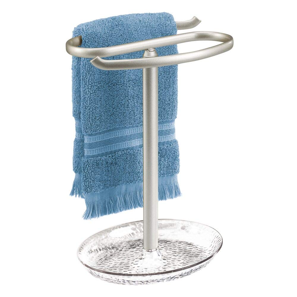 mDesign Decorative Metal Fingertip Towel Holder Stand with Base Tray for Bathroom Vanity Countertops to Display and Store Small Guest Towels or Washcloths - 2-Sided, 10.5" High - Clear/Satin