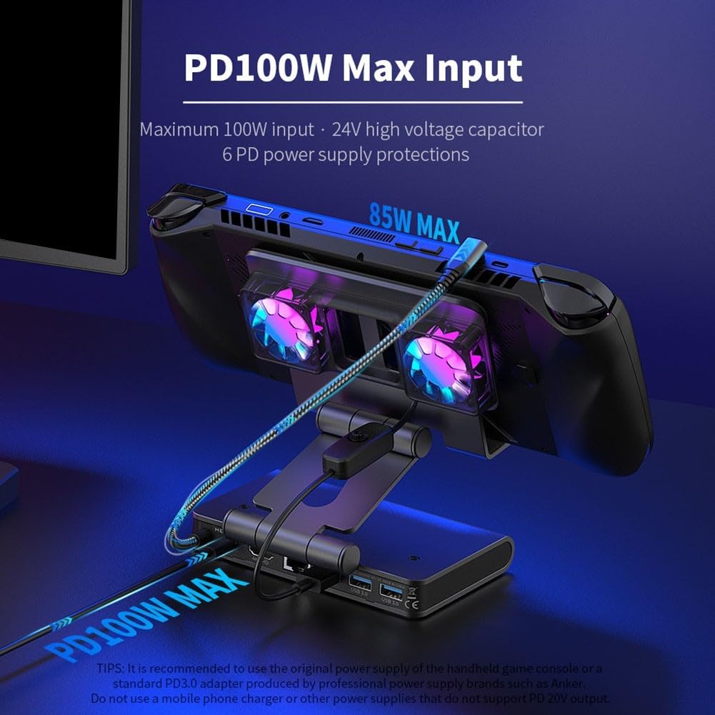 Ventole di raffreddamento per docking station, per ROG Ally-X, per APEX Dec, ricarica PD da 85 W, Gigabit Ethernet, hub USB 3.1 (nero)