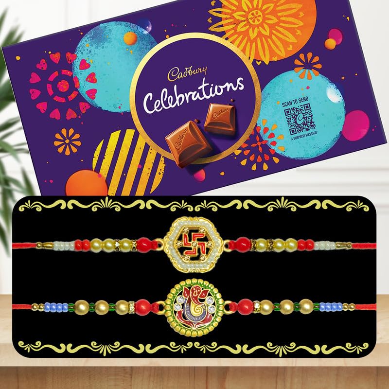 Image of Canton Rakhi Combo Gift Hamper Pack of 2 Rakhi For Brother With Chocolate, Rakhi With Cadbury, Greeting Card & Roli Tilak (Design-18, 2 Rakhi With Celebration)