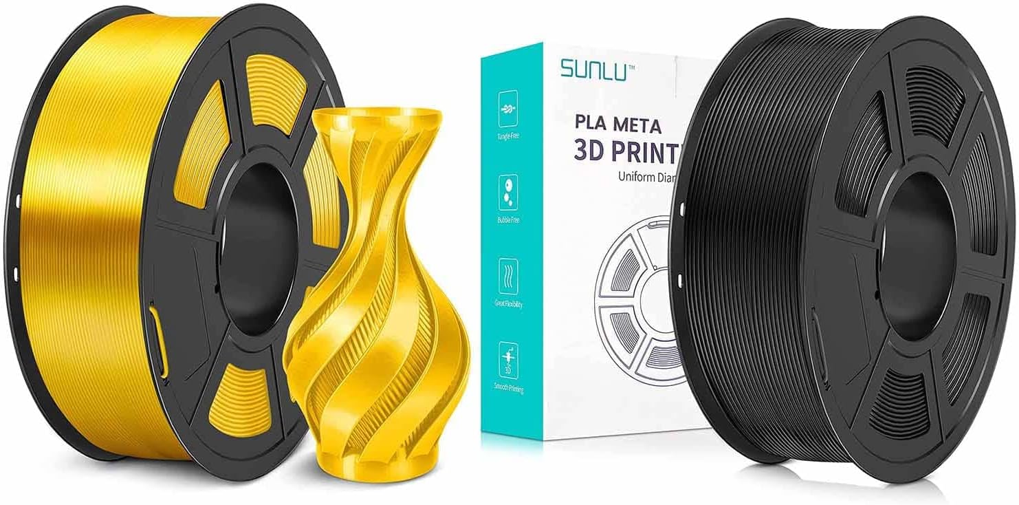 SUNLU Shiny Silk PLA Filament 1.75mm and PLA Meta Filament 1KG Black，Smooth Silky Surface，Great Easy to Print for 3D Printers，Dimensional Accuracy +/- 0.02mm, Silk Light Gold + Black 1KG
