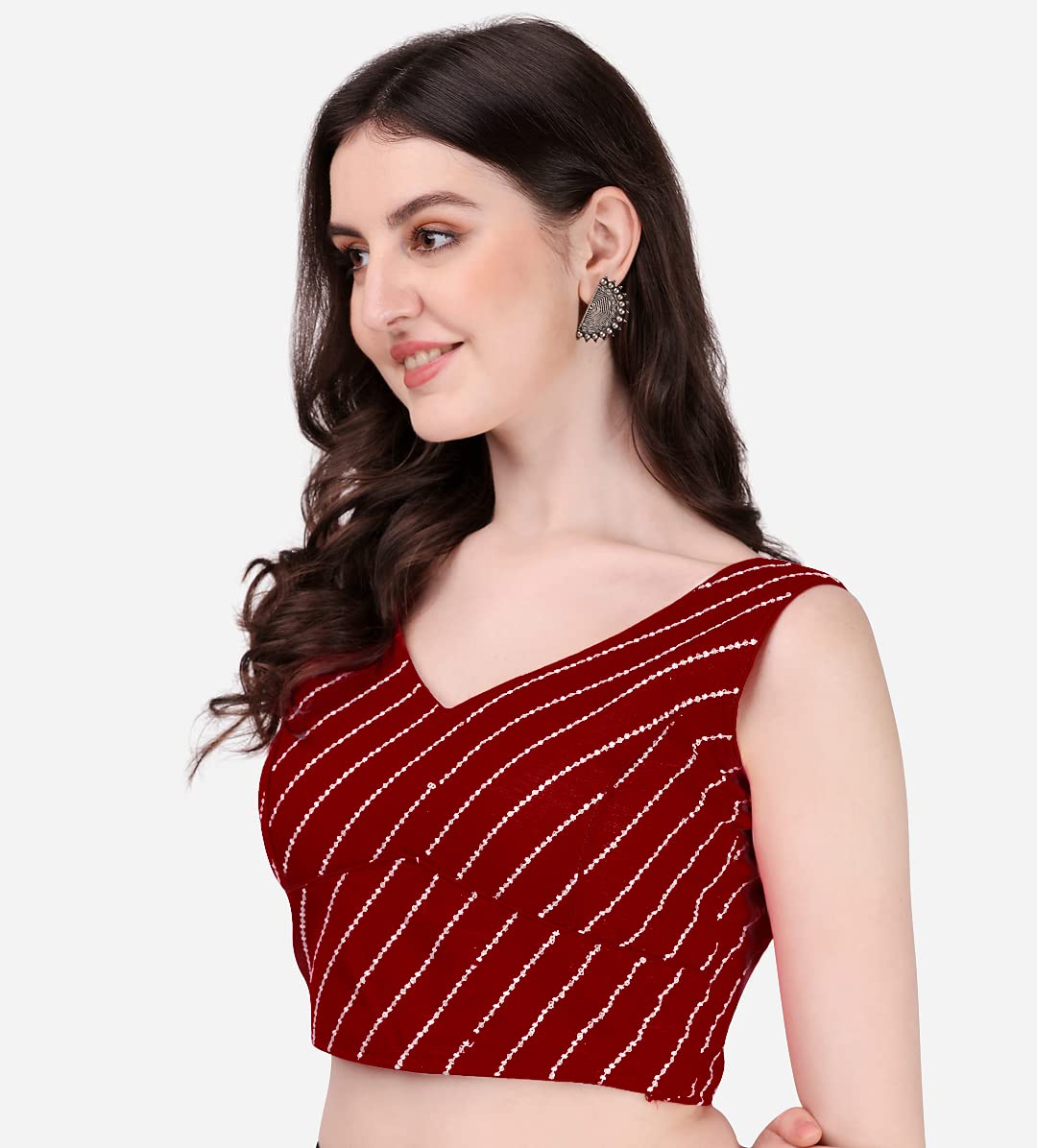 Pujia Mils Women's Silk Floral Half Sleeve Regular Blouse (Leheriya Maroon 38)