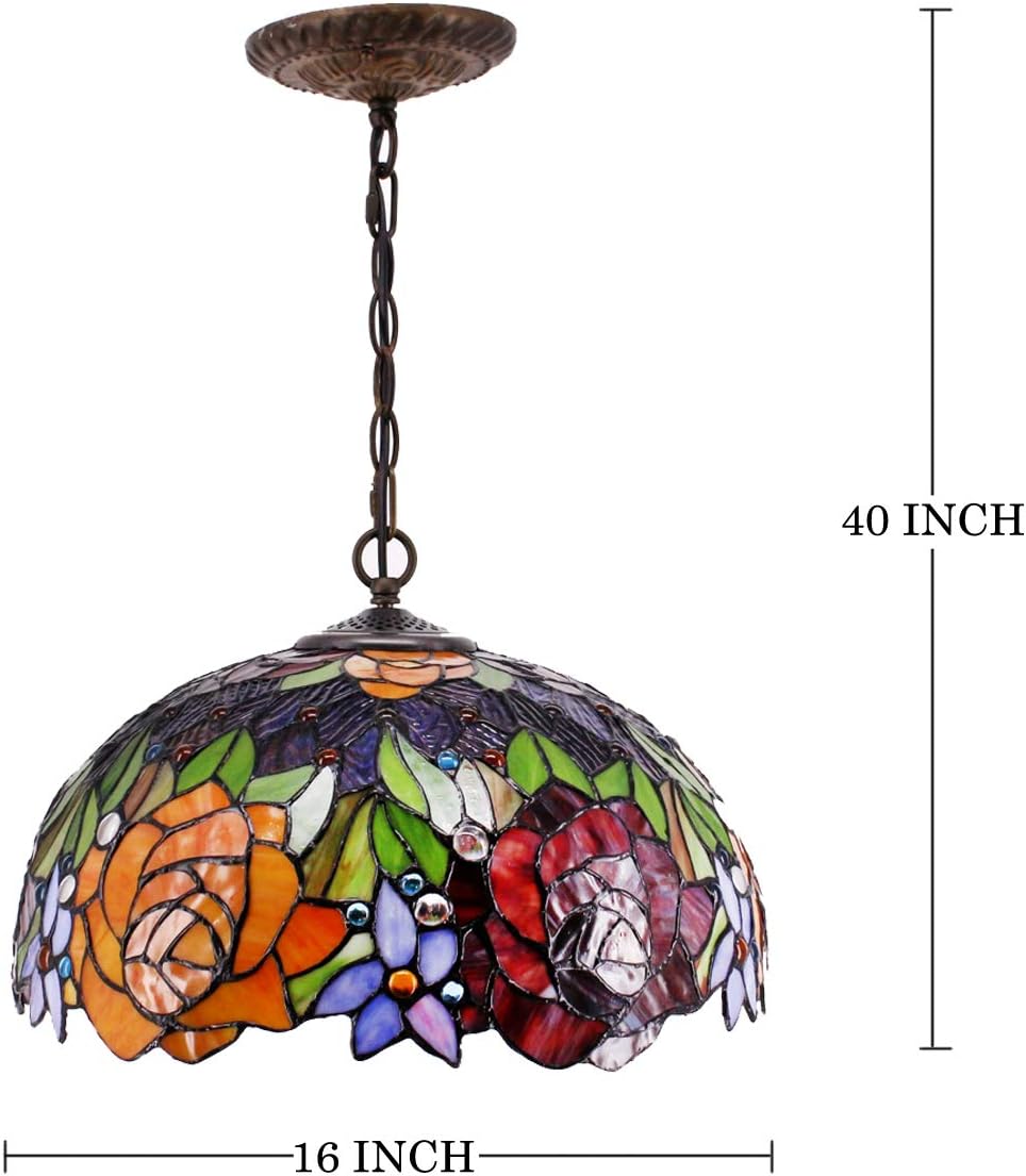 WERFACTORY Tiffany Pendant Light Fixture Red Yellow Rose Stained Glass Hanging Lamp Wide 16 Inch, Height 40 Inch S001 Series