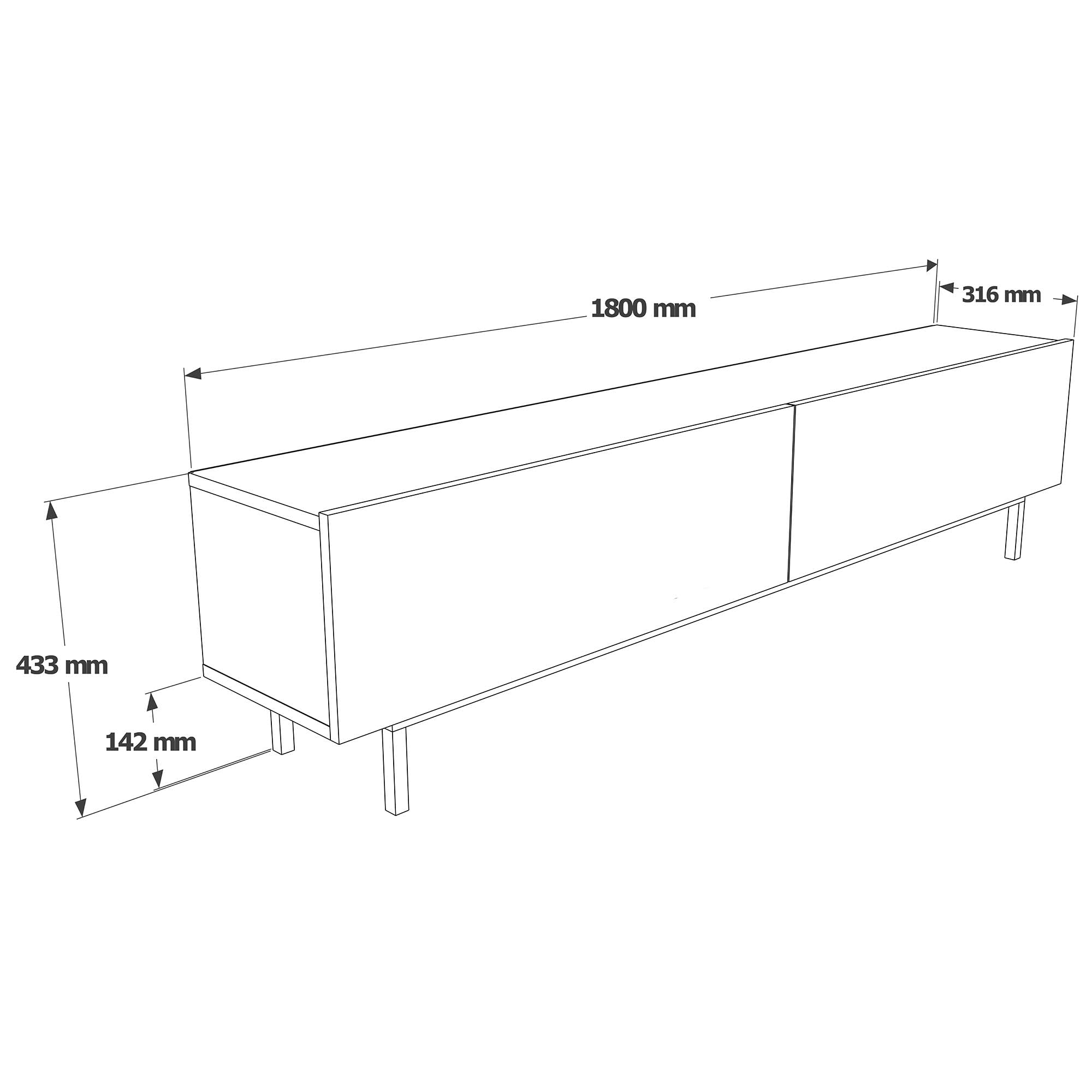 Hanah Home Modern Oak TV Stand, 180 cm, 100% Melamine Coated Particle Board, Beech Wood Legs, 18 mm Thickness | Stylish Scandinavian Design for Living Room