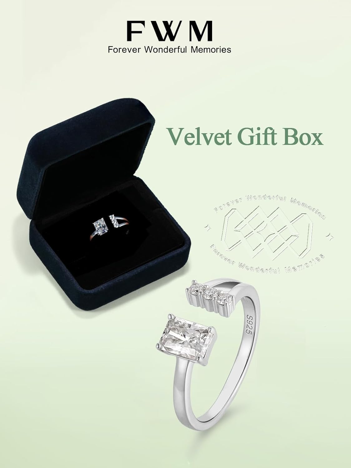 FWM Moissanite and Emerald Square Open Rings for Women, Adjustable Wedding Band, Solid Sterling Silver With Gold Plated, Stackable Ring, Anniversary Christmas Valentines Mothers Day Jewelry