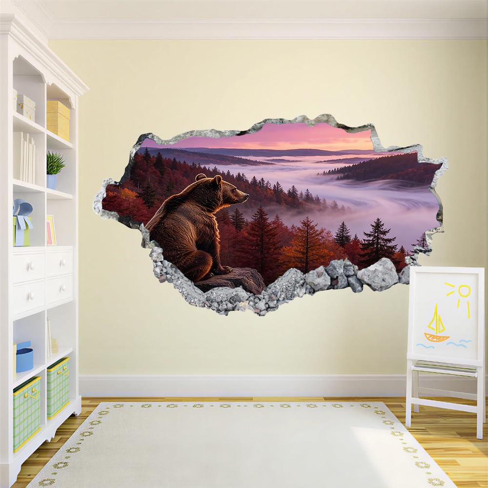 3D Wandtattoos Durchbruch Wandbild Bären Kinderzimmer Aufkleber Wandaufkleber Baumnebel Herbst Natur Wandsticker für Kinderzimmer Junge Zimmer Wohnzimmer Schlafzimmer
