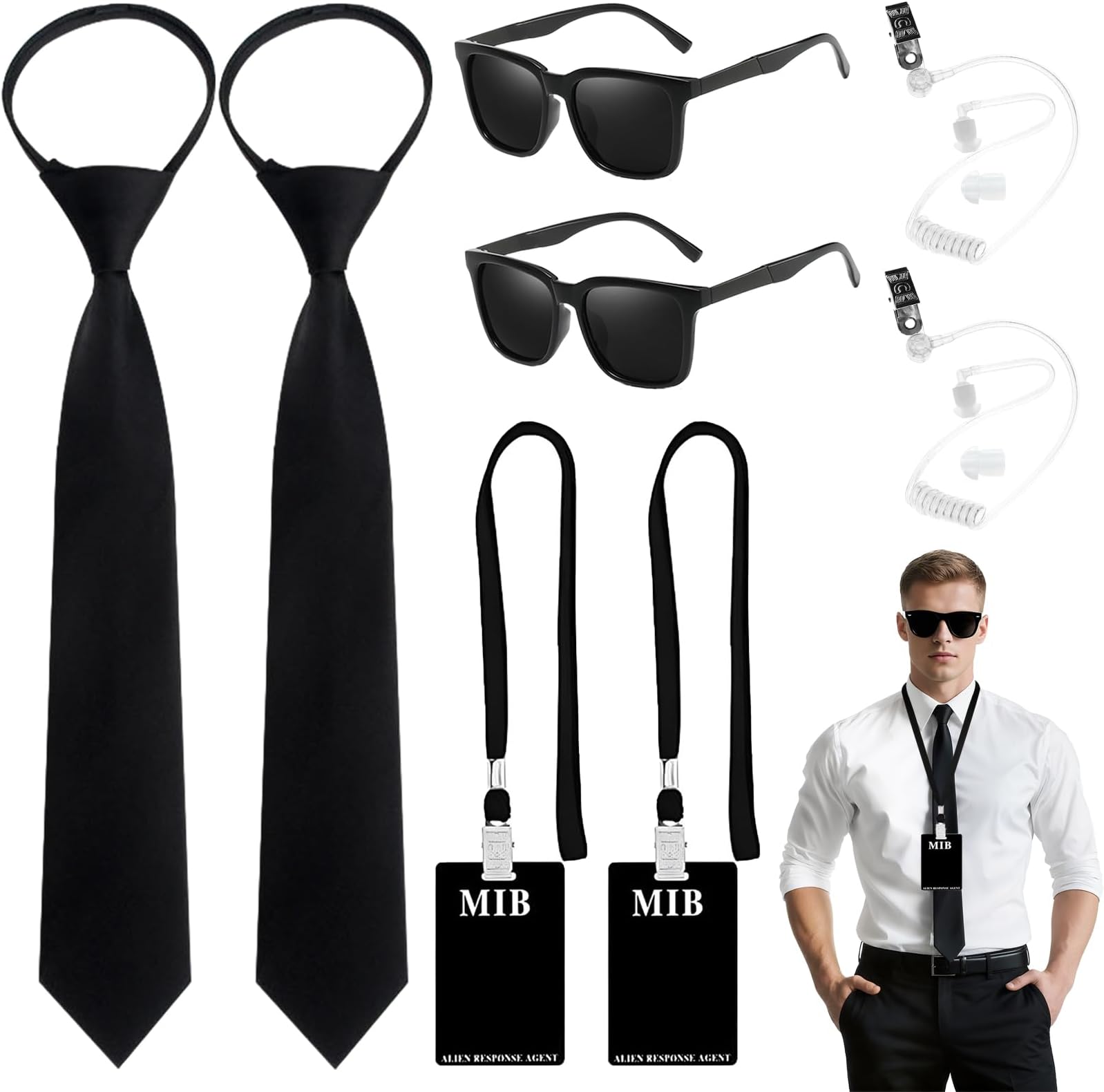 Agent Costume Accessories Set, Secret Agent Fancy Dress Kit with ID Card Prop Lanyard Fake Earpiece ZipTie Black Frame Sunglasses for Adults Halloween Cosplay Carnival Dress up Party
