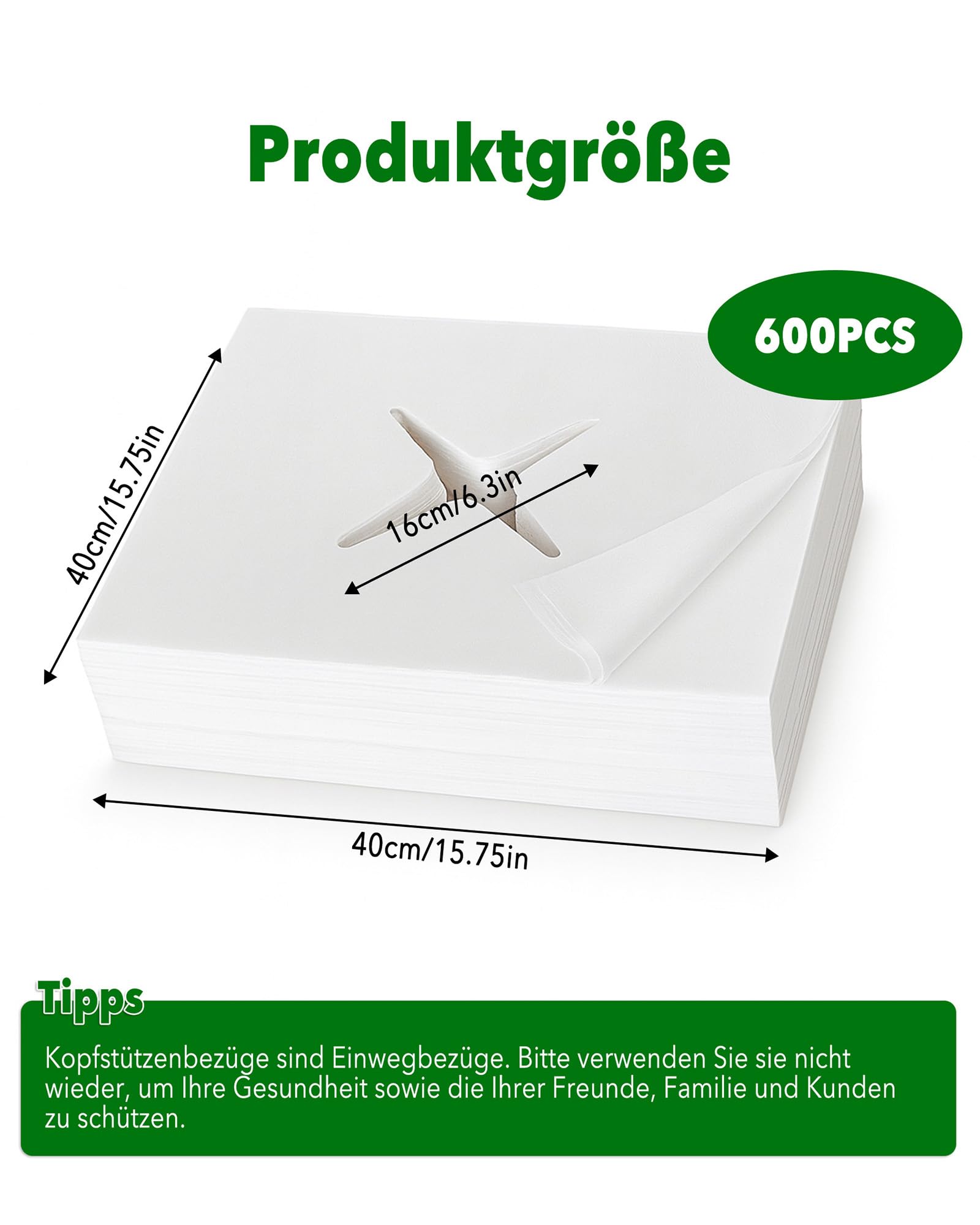 Einweg Nasenschlitztücher Massageliege 600 Stück: Weiche Vliesstoff Kopfauflagen 40x40cm für Massagetisch und Kosmetikbank für Therapeuten und Kosmetikerinnen zur hygienischen Kundenbetreuung