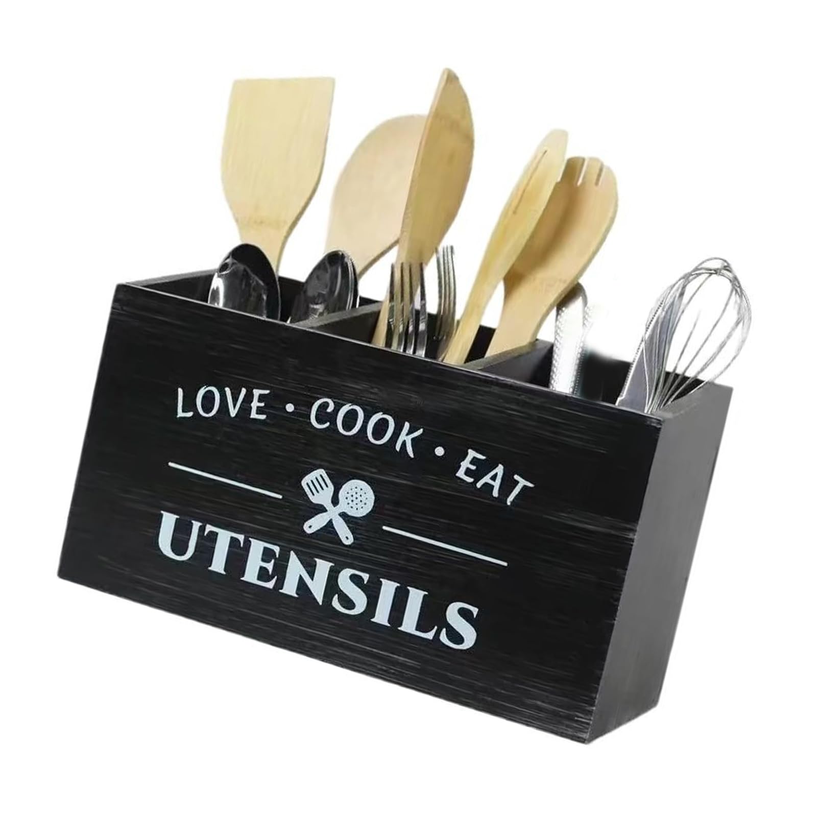 Shurhome Spacious 4 Compartment Wooden Kitchen Organizers for Storing Spoons Forks and Napkins Rustics Wooden Utensils Holder with Compartments