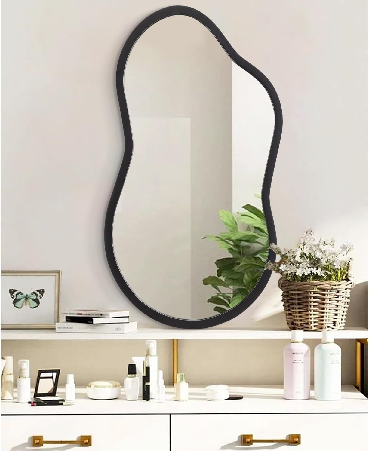AAZZKANG Large Irregular Wall Mirror 26"x16" Black Asymmetrical Mirrors Modern Wood Frame for Bathroom Bedroom Living Room Entryway