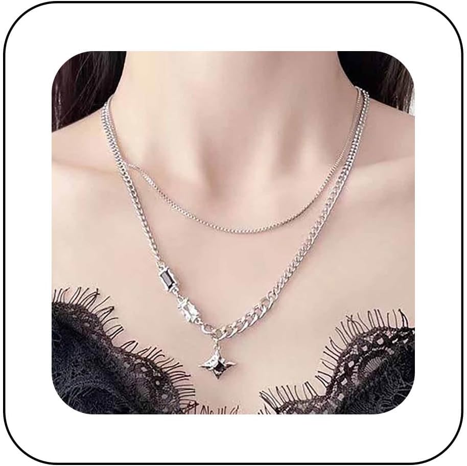 Boho Layered Star Pendant Necklace Silver Geometric Star Necklace Vintage Onyx Star Choker Necklace Adjustable Black Gemstone Star Chain Necklace Jewelry for Women