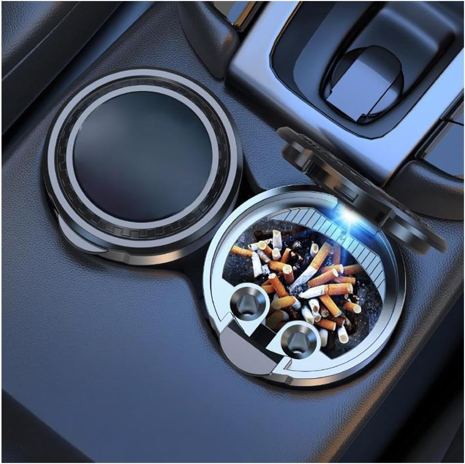 Car Ashtray for Jeep Grand Cherokee 2016-2021, Portable Smokeless Cigarette Holder with Blue LED Light Odor Proof Lid Detachable Auto Cup Holder Ash Tray