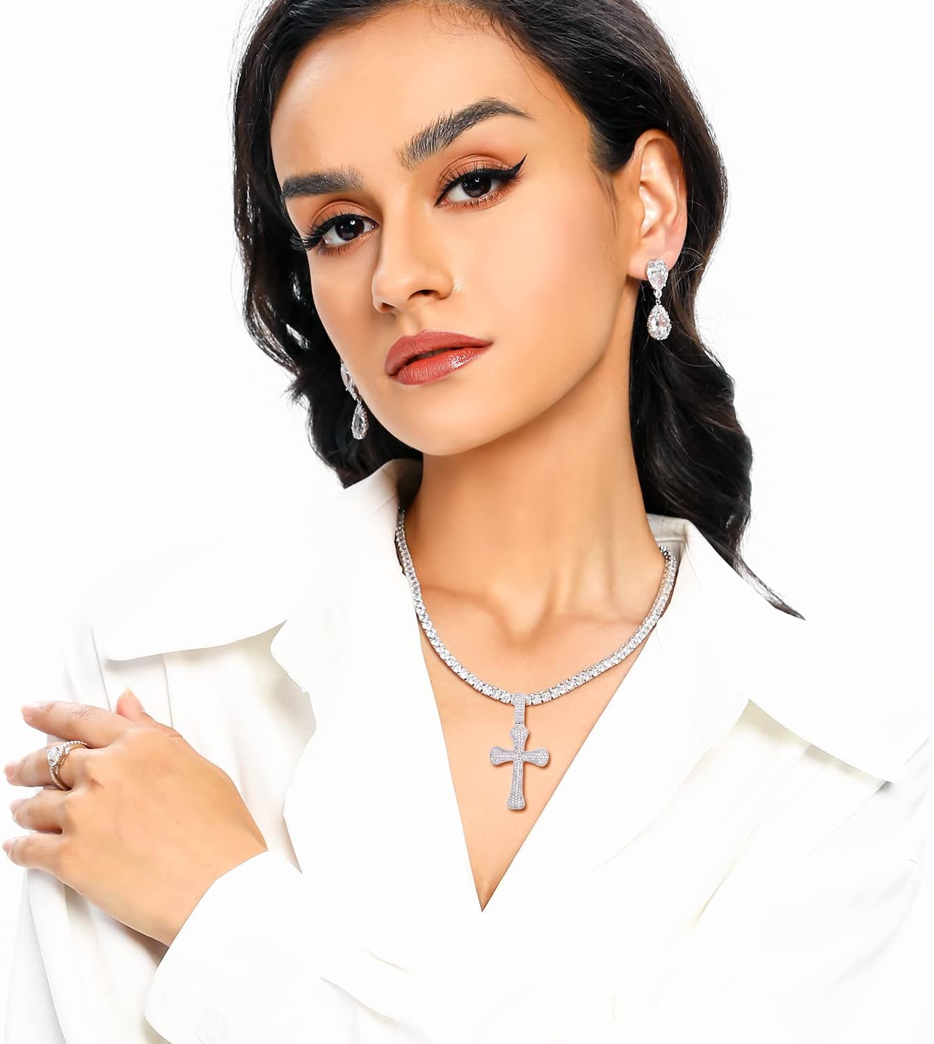 MDFUN 18K White Gold Plated Cross Charm Tennis Necklace Set, Classic Swag Iced out Hip Hop Pendant Accessory and 18inch 4mm Cubic Zirconia Chain For Women Man Gifts - Image 2