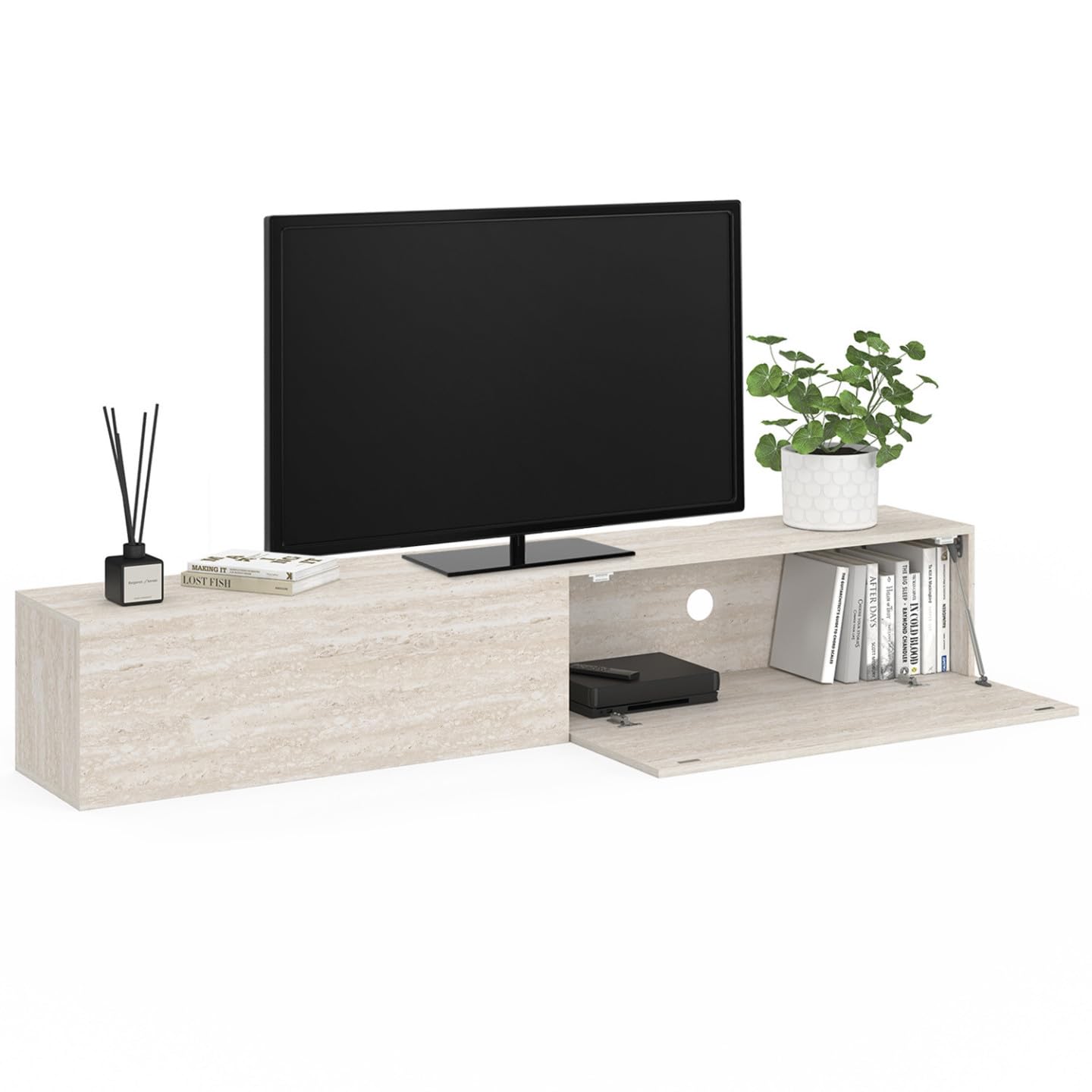 IDMarket - Mueble de TV 180 cm colgante Elio 2 puertas de madera efecto travertino