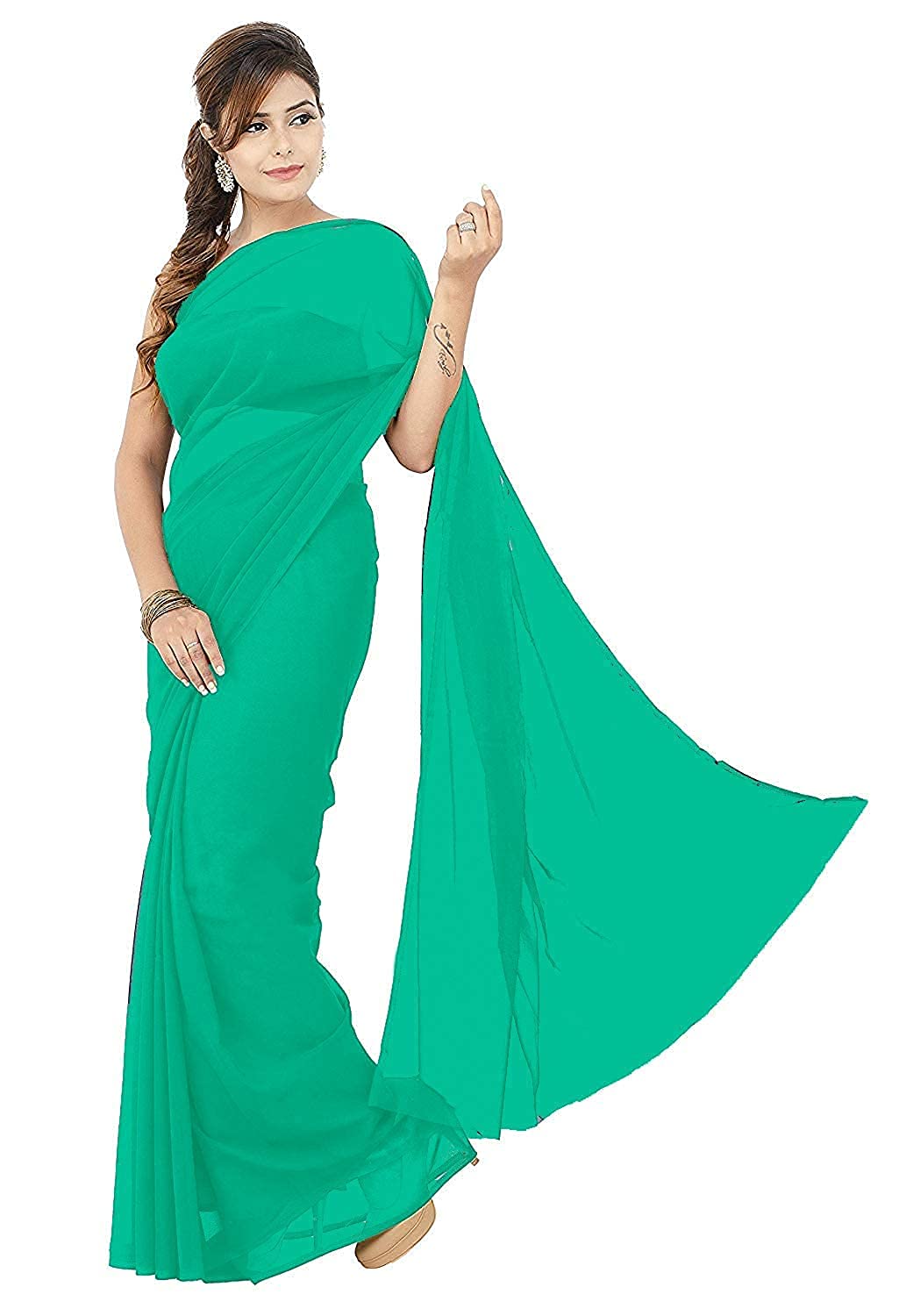 Reboot FashionsWomen's Chiffon Plain Bollywood Saree with unstitched brocade blouse piece