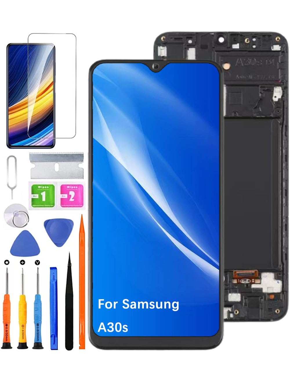 Schermo LCD sostitutivo per Samsung Galaxy A30s, schermo TFT LCD, A307F A307FN A307G, schermo LCD Display Touch Digitizer Assembly Kit di riparazione (senza impronte digitali, nero con cornice)