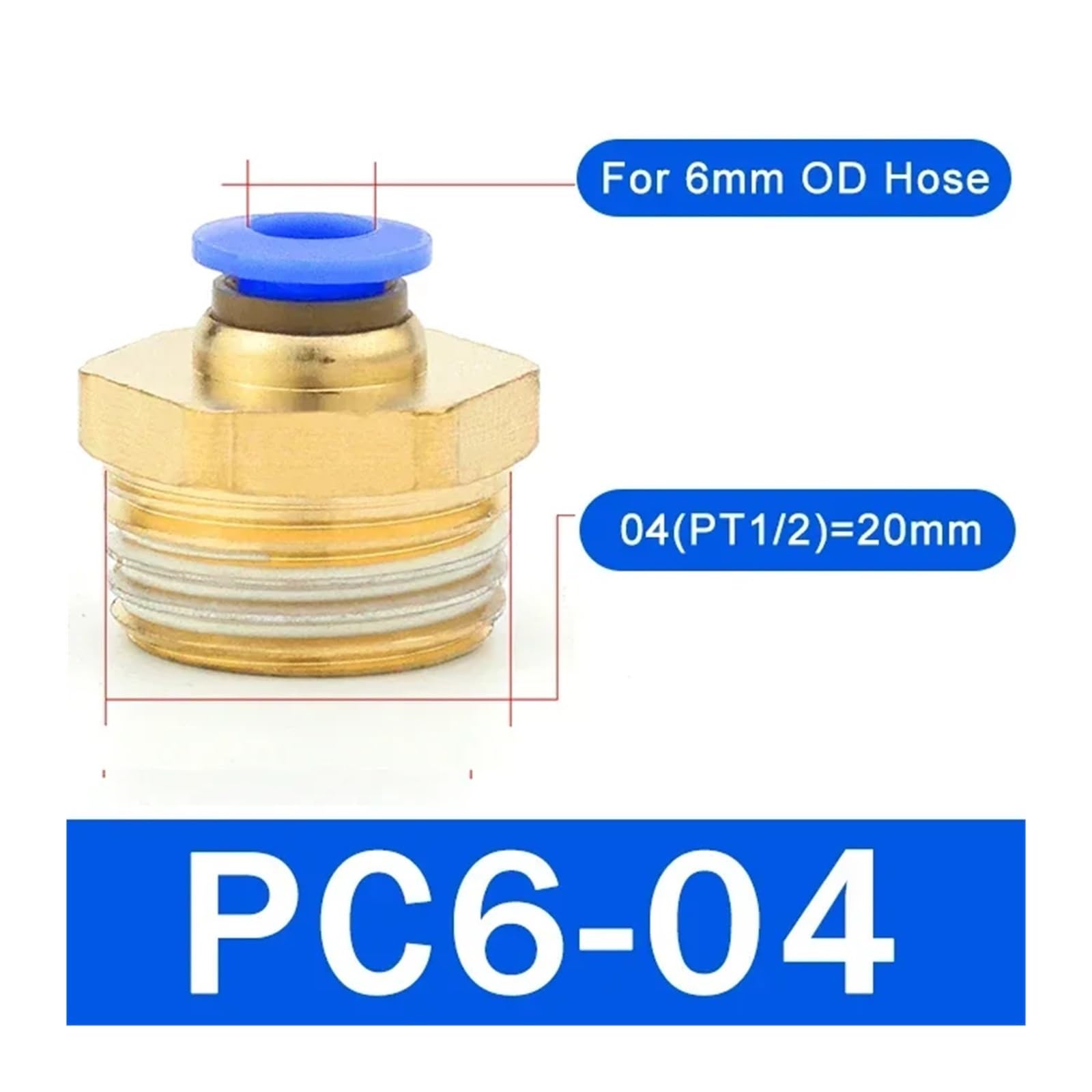 plumbify store Lot de 20/50 raccords pneumatiques rapides PC 4-12 mm for tuyaux de 1/8", 1/4", 3/8" à 1/2", raccords d'air haute pression anti-fuite(PC6-04 (1I2),20 PCS)